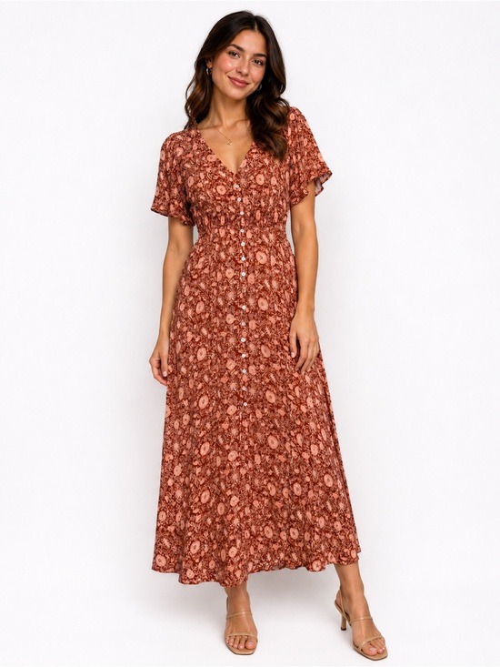 Forever 21 Dresses & Skirts - Forever 21 Boho Floral V-Neck Button-Front Maxi Dress, Size L